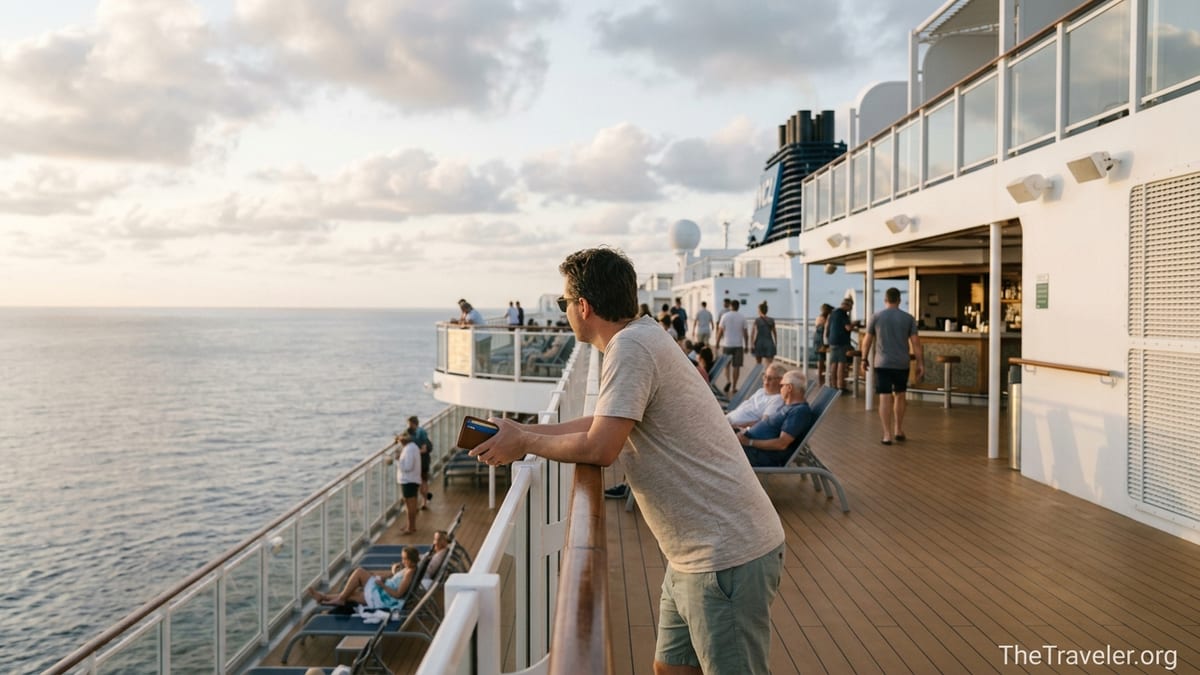 Traveler holding a credit card on the open deck of a Norwegian cruise ship at sunset