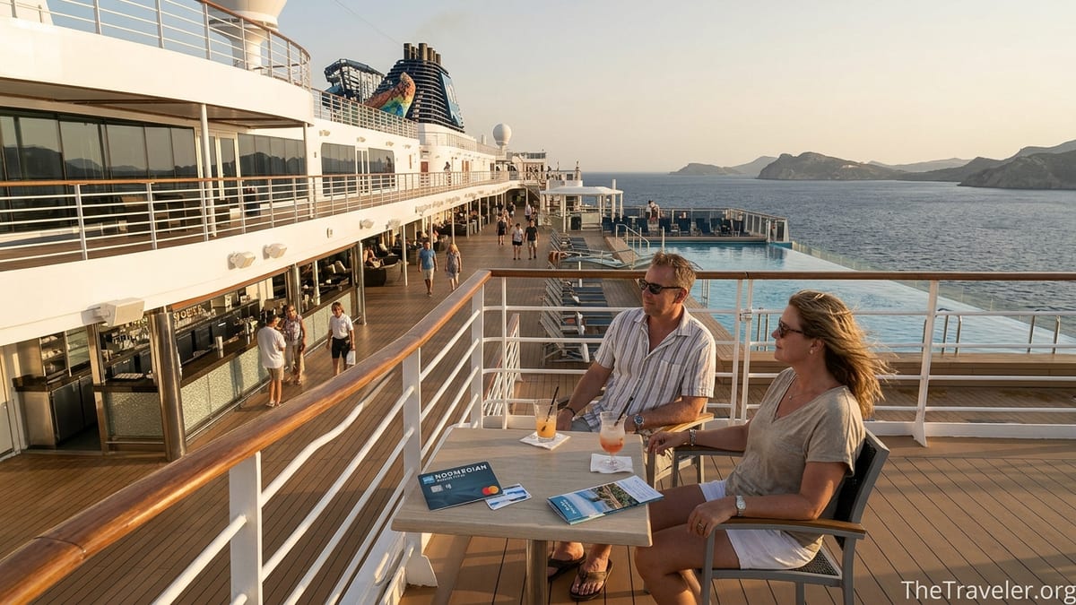 Couple on a Norwegian cruise ship deck reviewing a credit card and drinks at sunset.