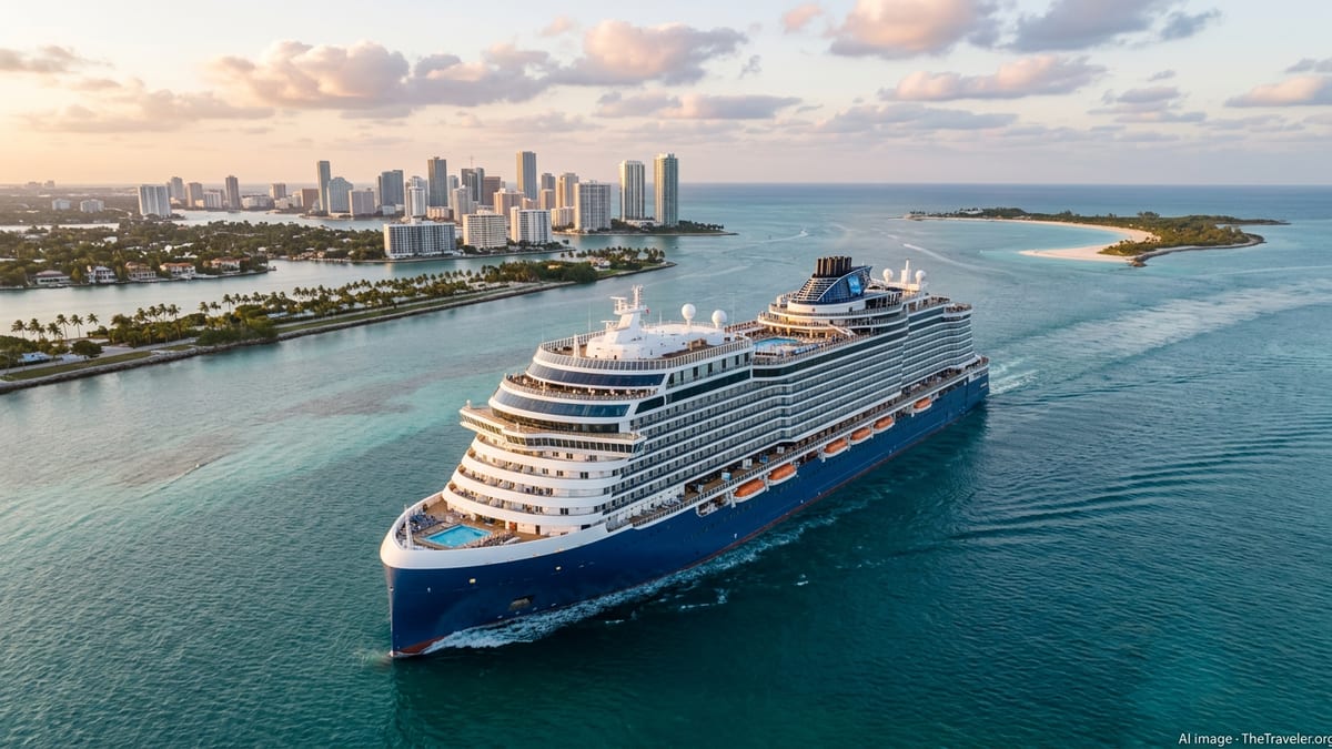 Aerial view of Norwegian Luna departing Miami at sunset en route to the Caribbean.
