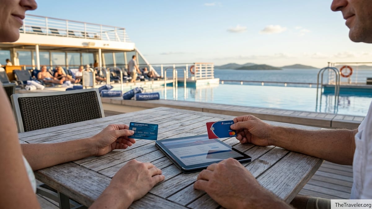 Couple on a cruise ship deck comparing Norwegian and Carnival credit cards at a table overlooking the ocean.