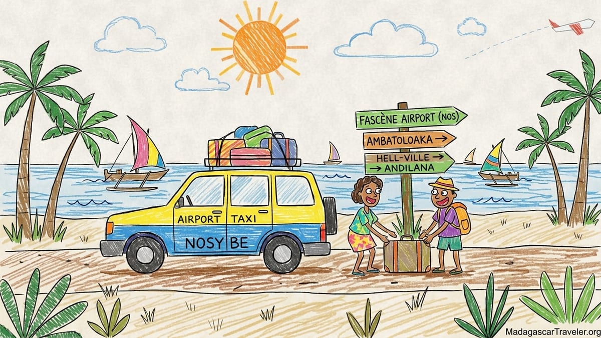Travelers with luggage boarding taxis outside Nosy Be Fascène Airport at sunrise.