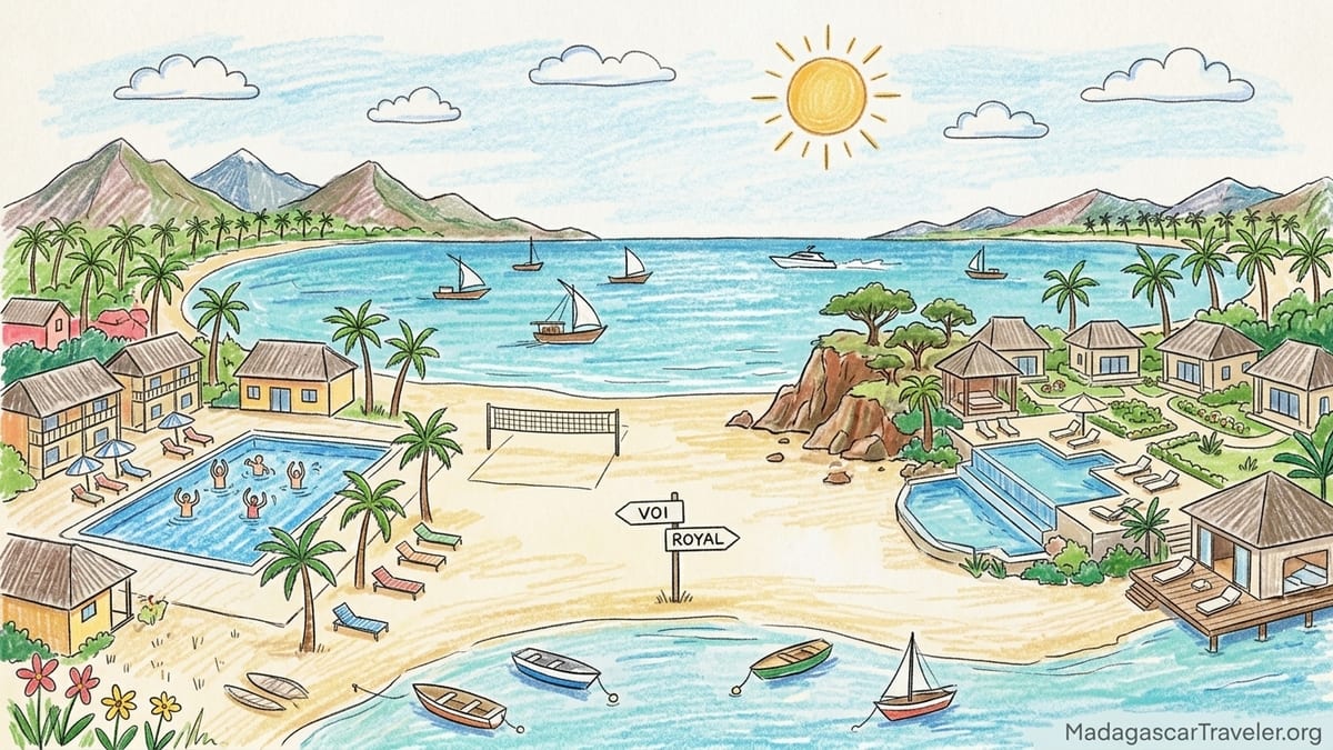 Aerial view of Andilana Beach in Nosy Be with beachfront resorts, pools and turquoise sea at sunset.