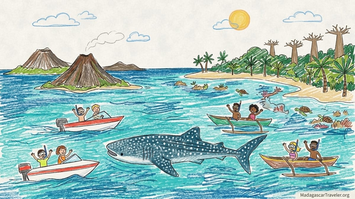 Snorkelers near a boat watching a whale shark below the surface off Nosy Be, Madagascar.