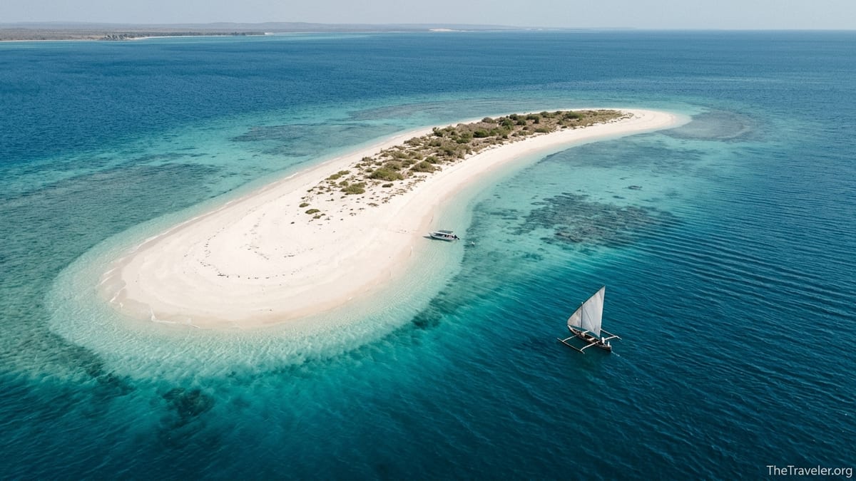 A small white-sand islet of Nosy Ve off Anakao with turquoise water and a traditional pirogue approaching