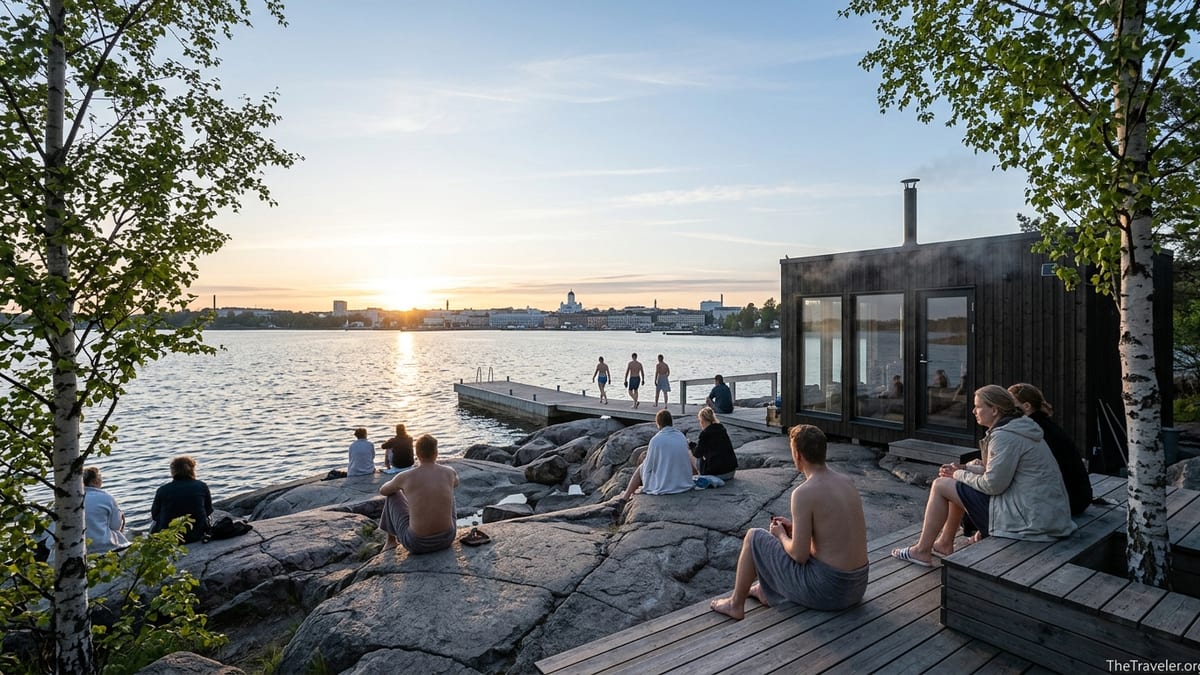 People relaxing by a seaside sauna on rocky shore near Helsinki under a late-evening northern sun.