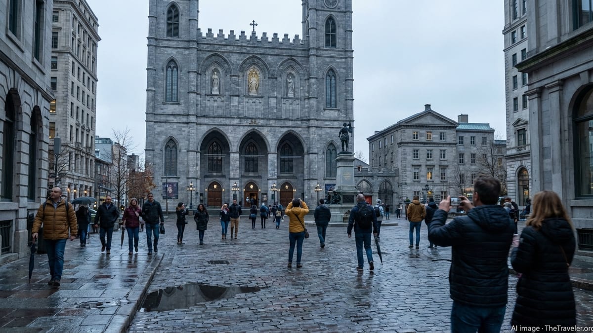 Notre-Dame Basilica in Montreal viewed from Place d’Armes on an overcast day with visitors crossing the square.