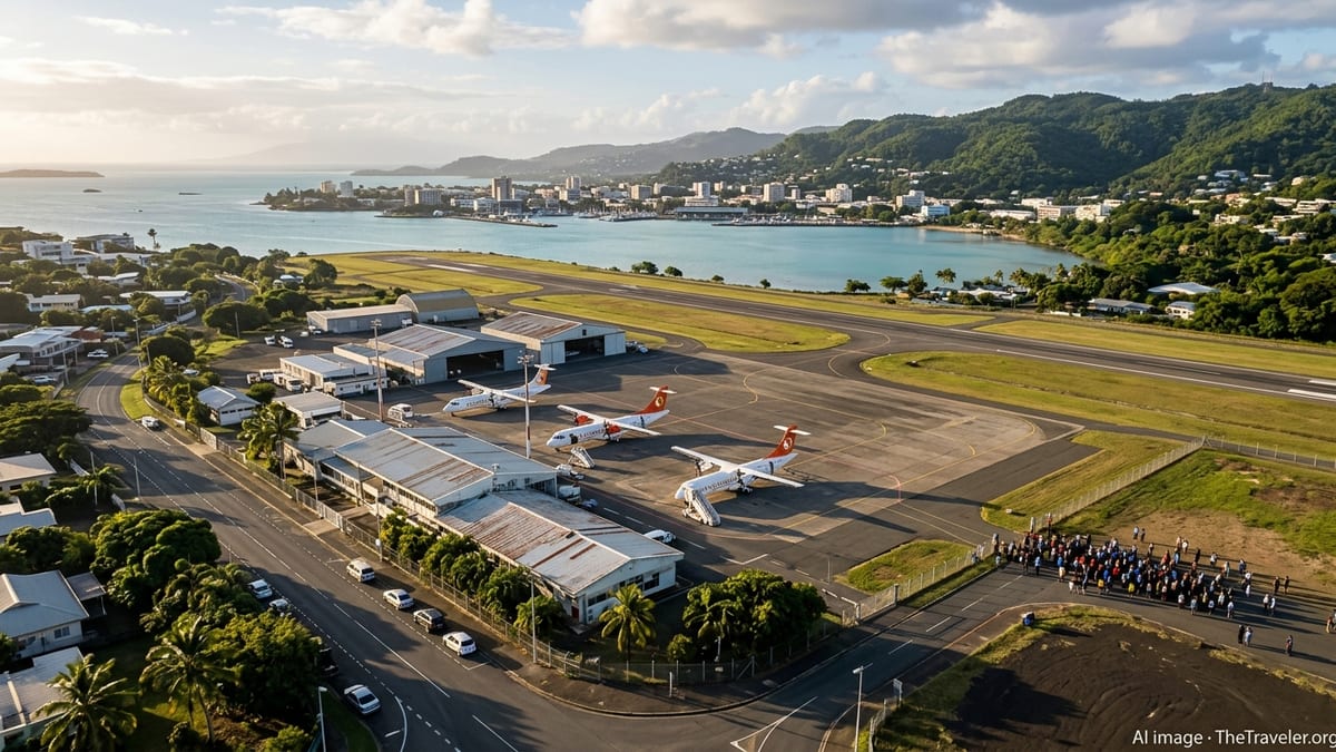 Grounded turboprop aircraft at Nouméa’s airport with still tarmac and city and lagoon in the background.