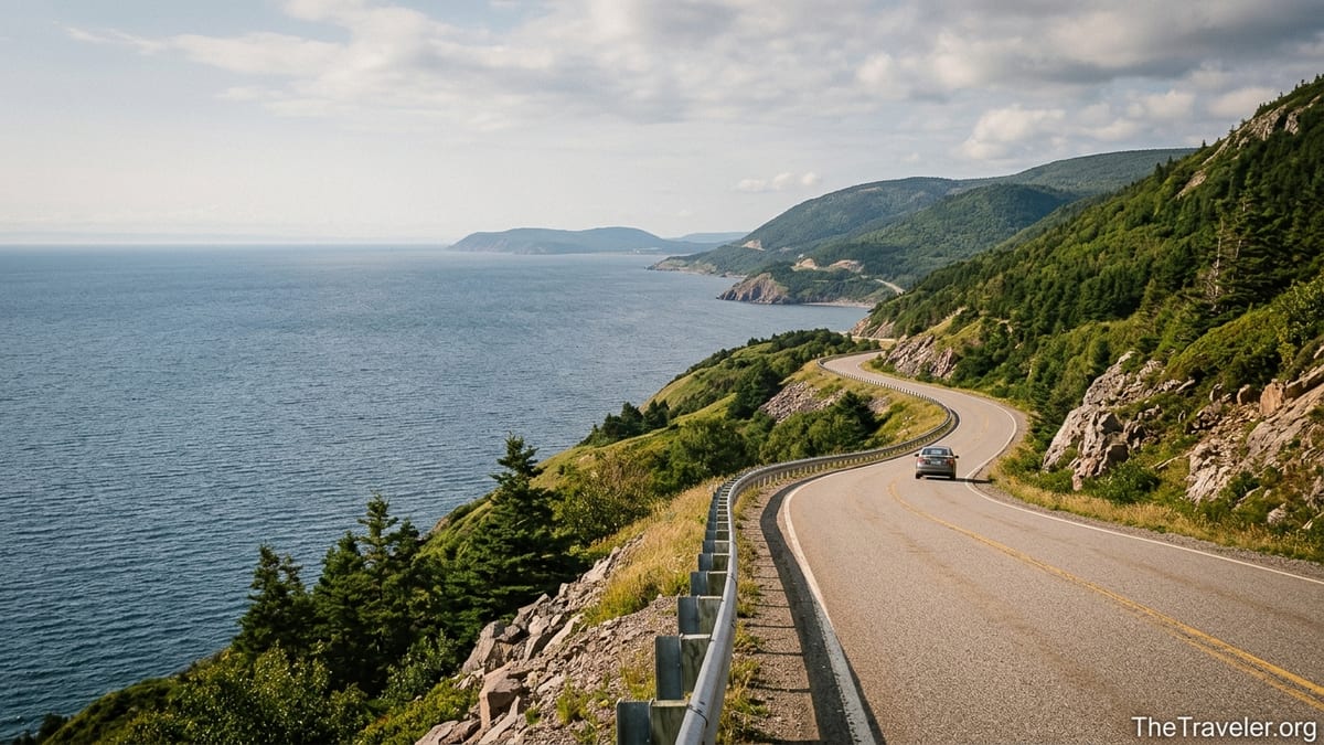 Curving Cabot Trail road above blue ocean in Cape Breton Highlands on a clear summer day