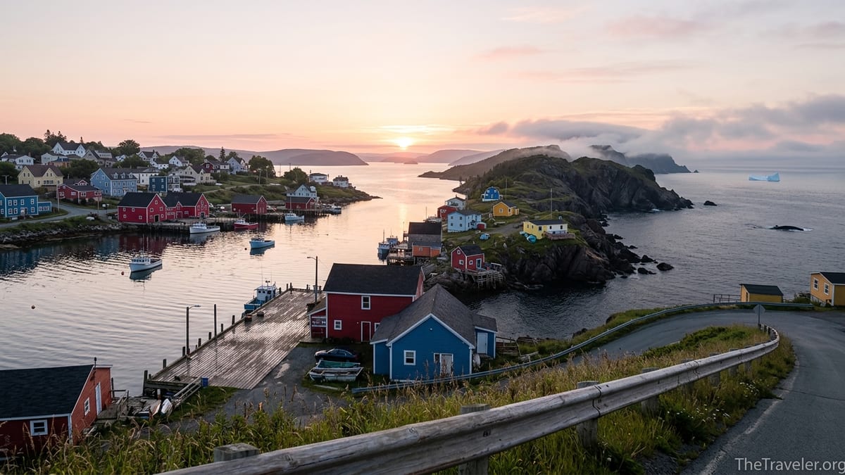 Coastal village and rugged headland showing contrasting shores of Nova Scotia and Newfoundland at sunrise.