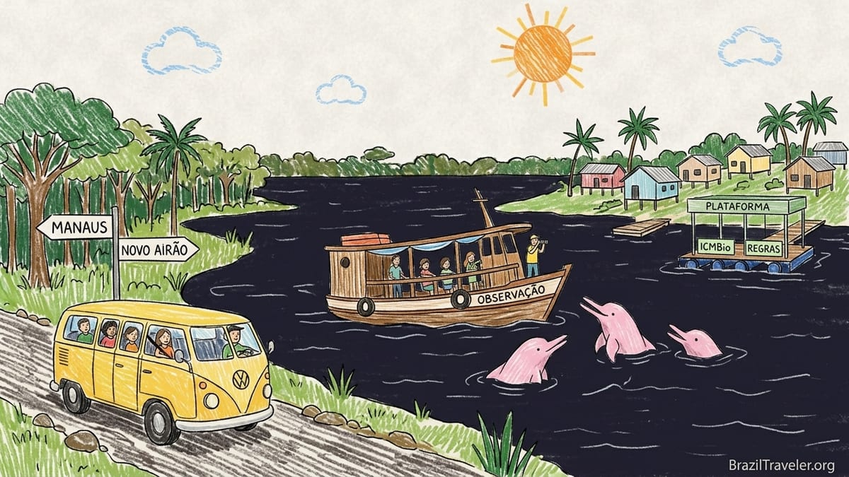 Boat of travelers observing a pink Amazon river dolphin near Novo Airão on the Rio Negro