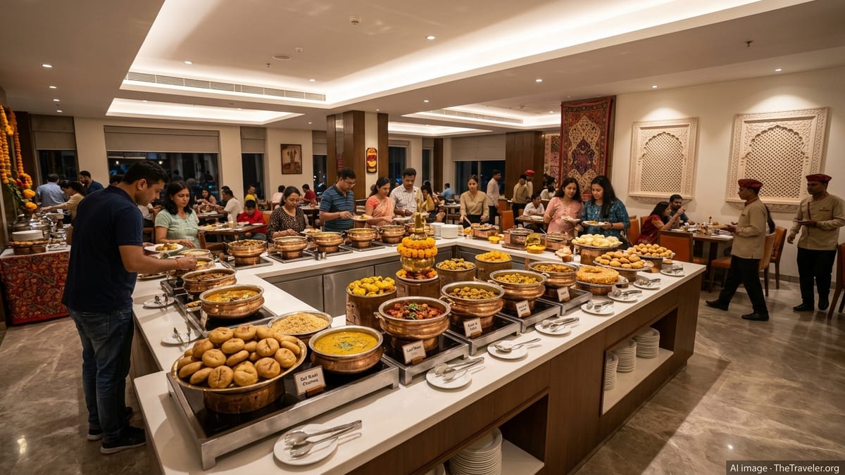 Guests at Novotel Guwahati enjoy a royal Rajasthani buffet with brass serving pots and themed décor.