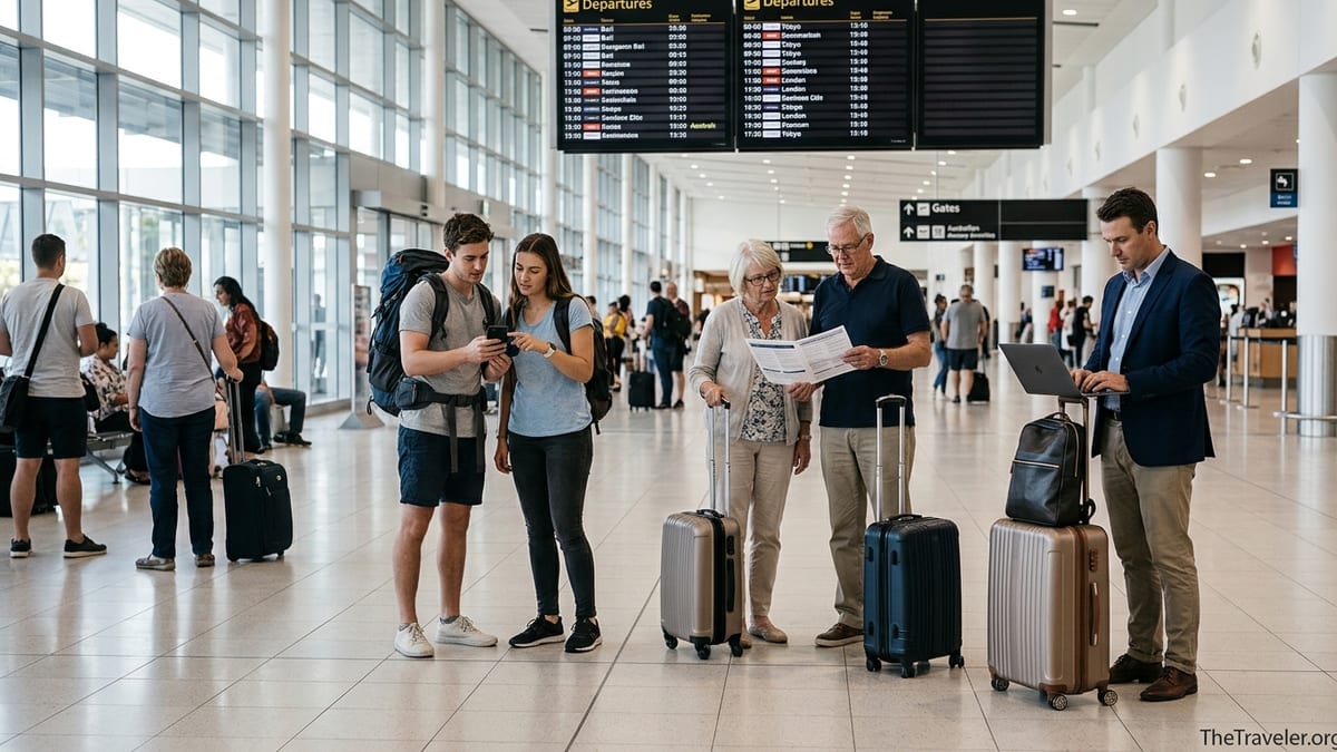 Travellers at an Australian airport comparing travel insurance documents before an international flight.
