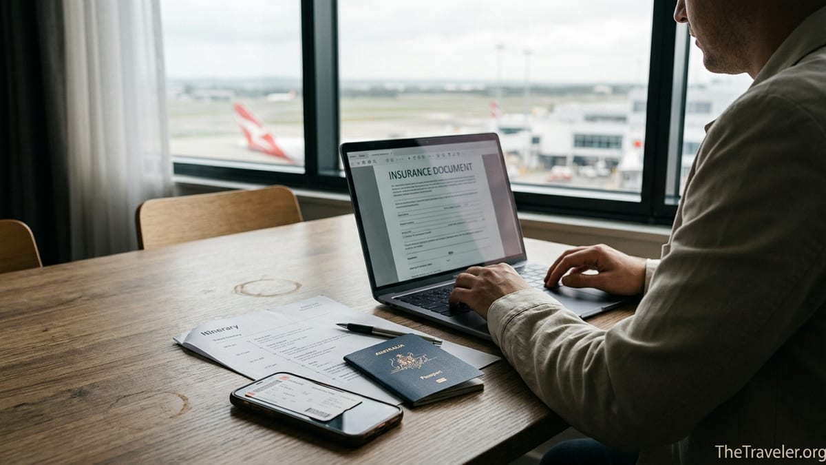 Traveller reviewing printed NRMA-style travel insurance documents at a table before flying.