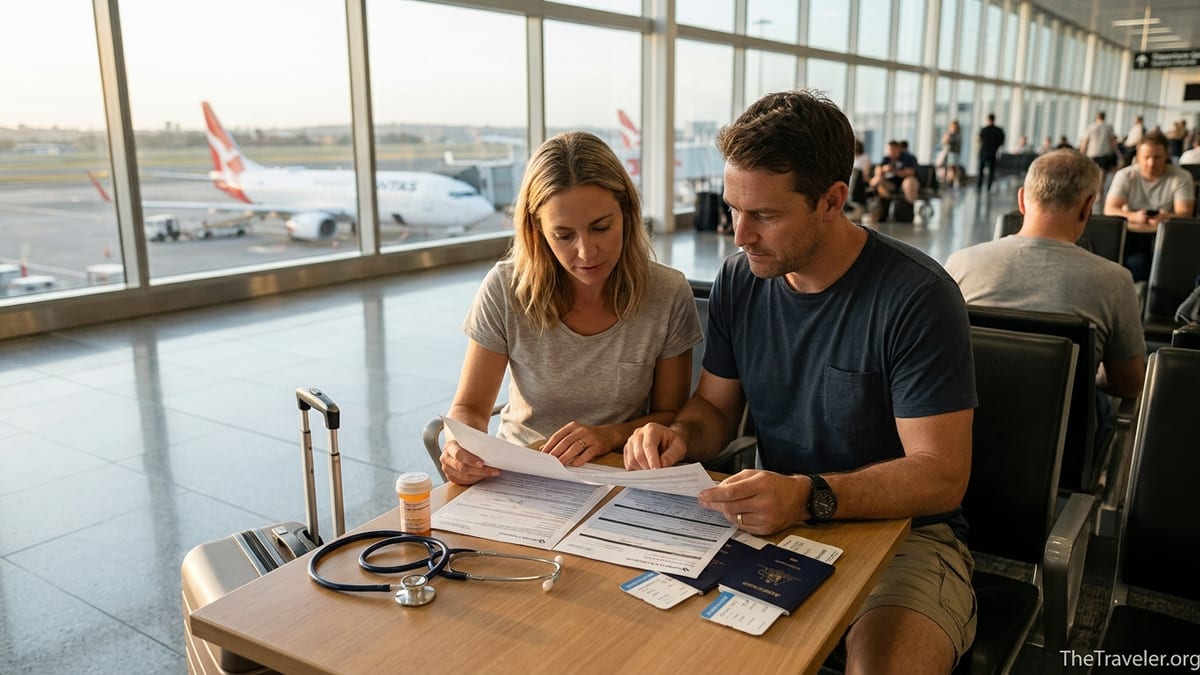 Couple at Sydney Airport reviewing NRMA travel insurance documents before an overseas trip.