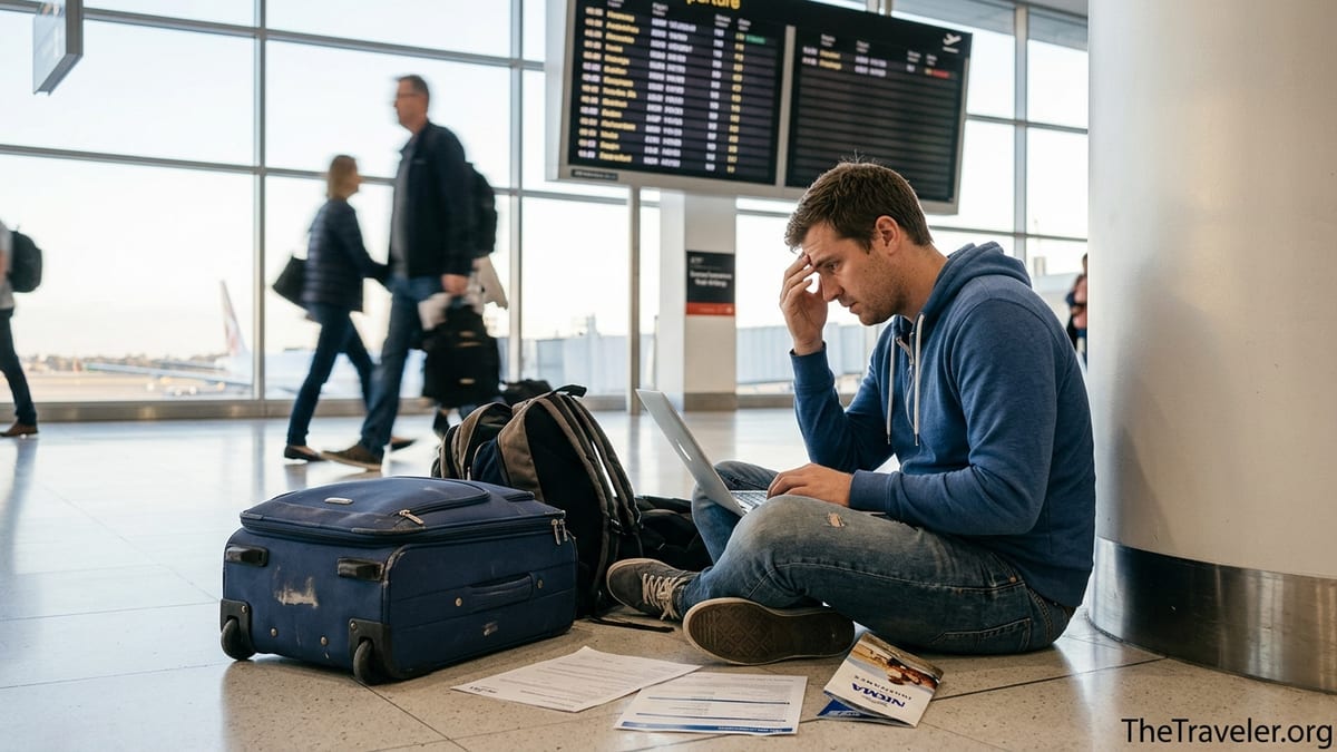 Traveller at airport floor reviewing NRMA travel insurance documents beside suitcase.