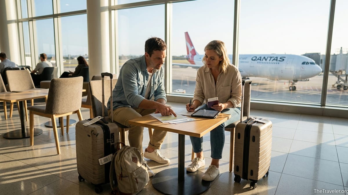 Couple in an airport lounge reviewing travel insurance documents before an international flight.