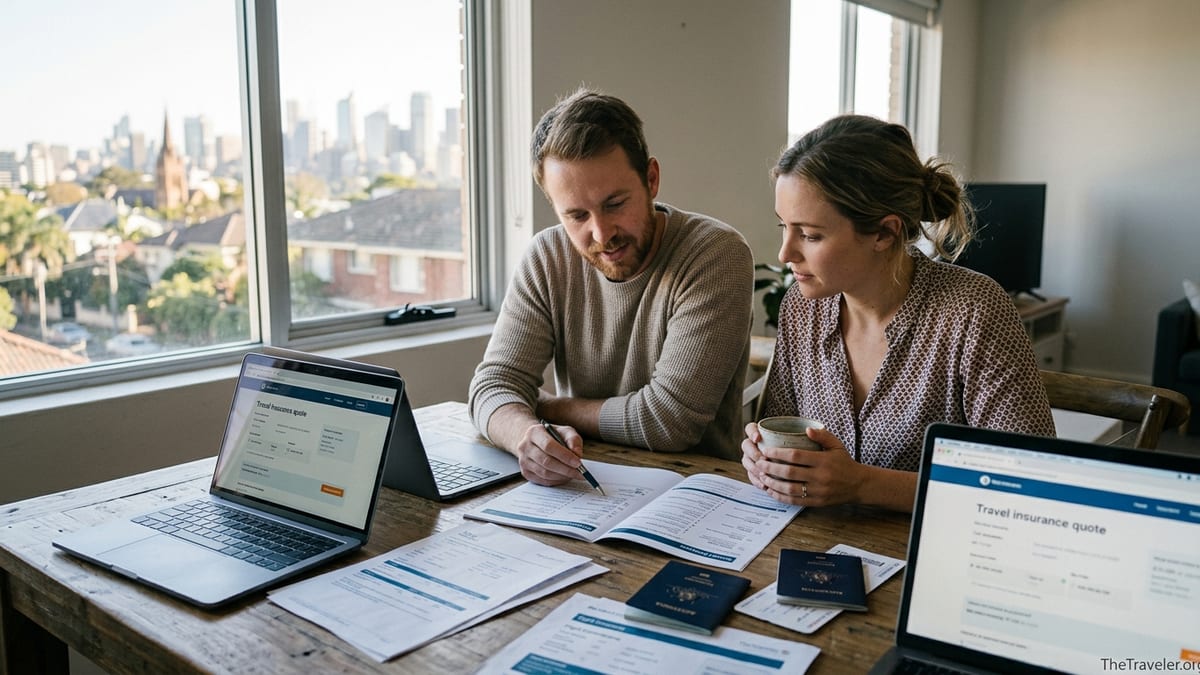 Australian couple comparing travel insurance options at a kitchen table before an overseas trip