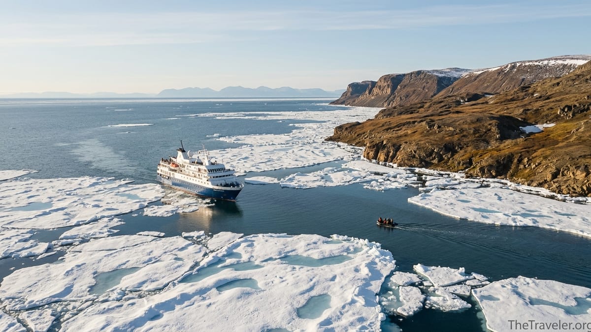 Small expedition cruise ship among sea ice off the tundra coast of Nunavut in the Canadian Arctic.
