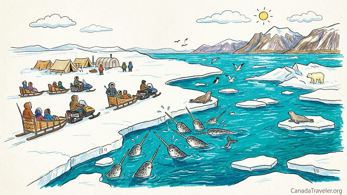 Travelers watching narwhals at the Arctic floe edge near Pond Inlet on Baffin Island sea ice.