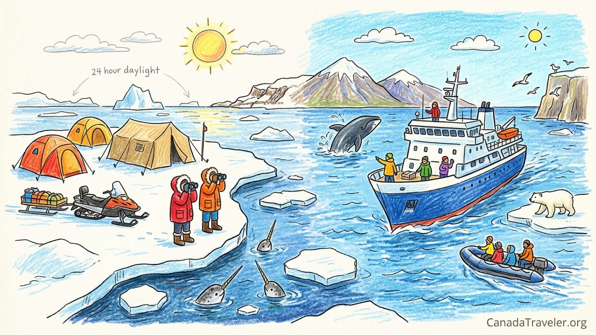 Spring floe-edge camp near Pond Inlet with narwhals surfacing by the sea ice under Arctic mountains.