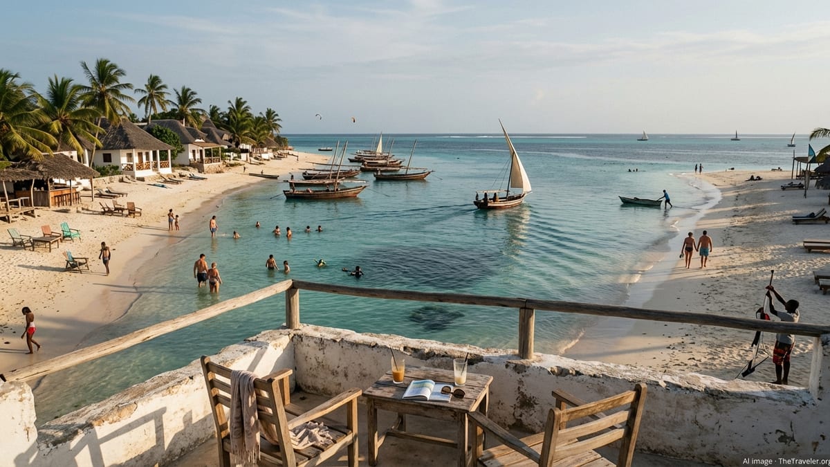 View of Nungwi beach, Zanzibar with locals and tourists, dhows, and beach resorts.