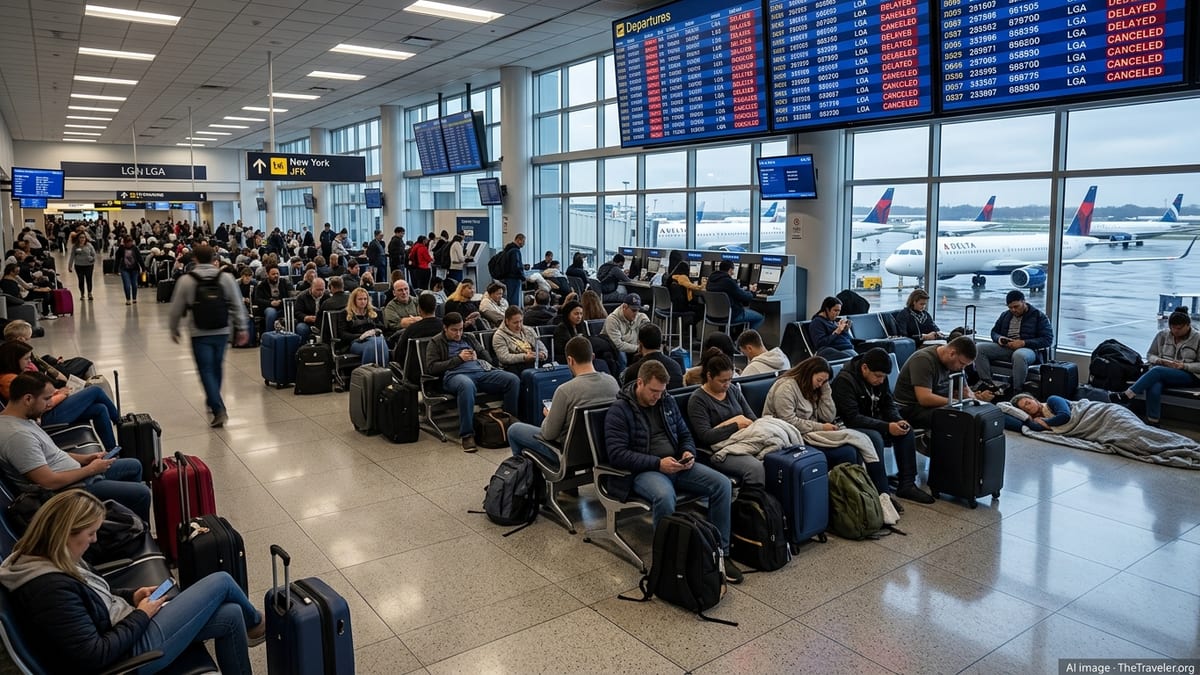 Crowded New York airport terminal with stranded passengers and delayed flights board.