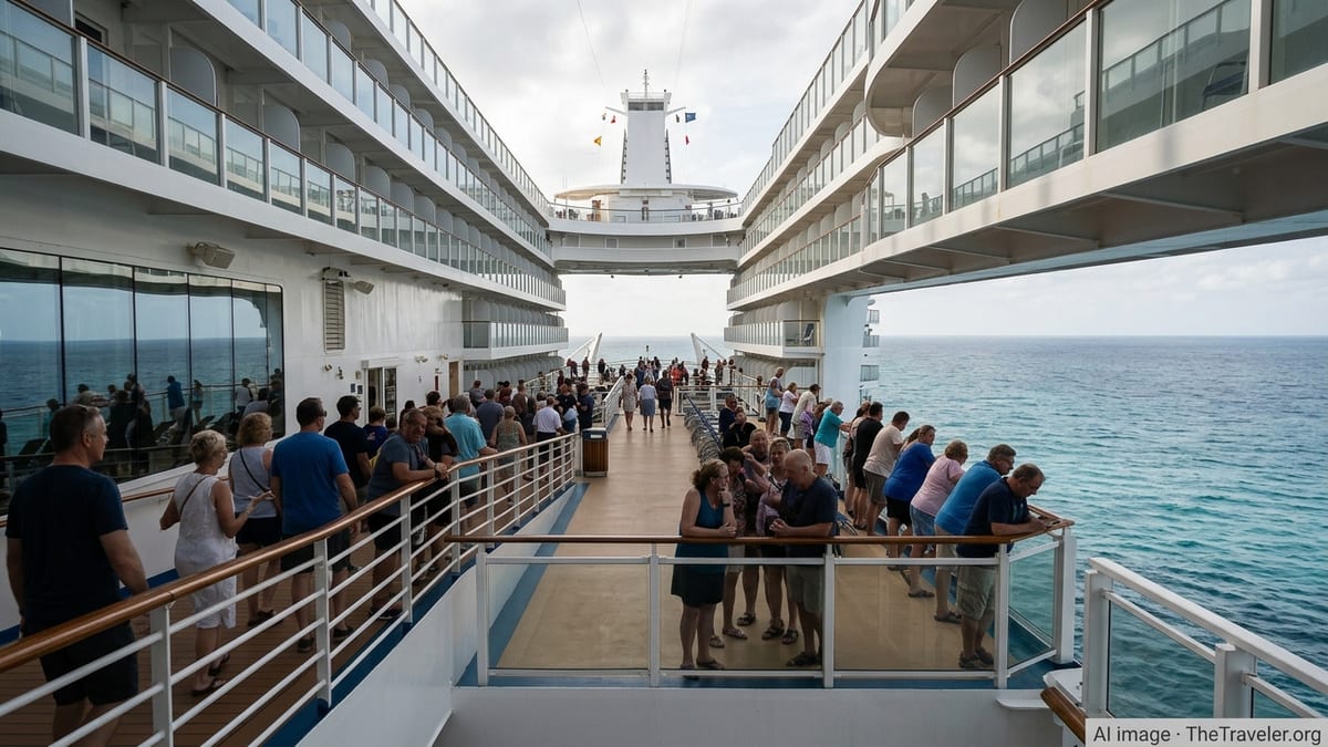 Passengers on deck of Oasis of the Seas look out to sea after an overboard scare.
