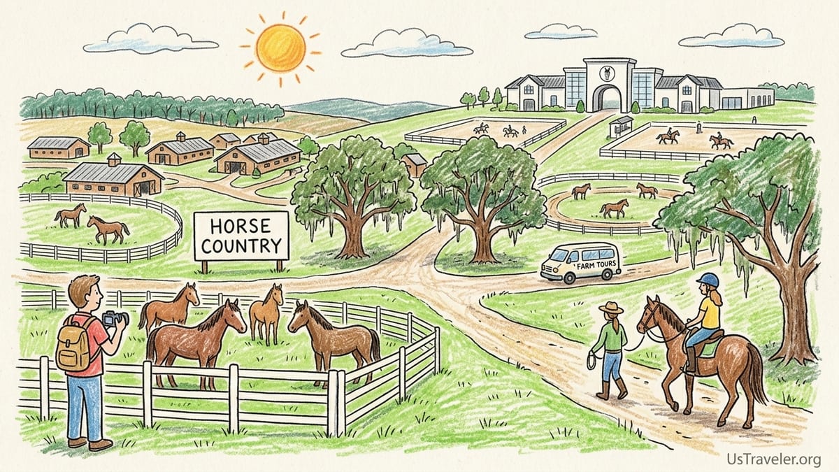 Riders on horseback pass white‑fenced pastures at sunrise on an Ocala horse farm.