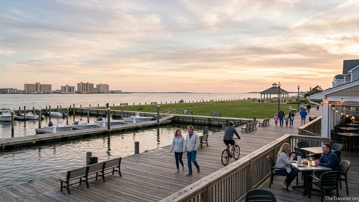 Bayside promenade in Ocean City Maryland with people walking near a waterfront park at sunset.