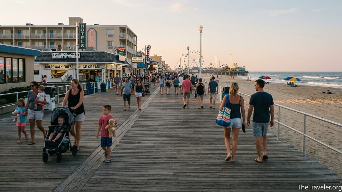 Families walking along the Ocean City Maryland boardwalk at sunset with beach and rides in view.