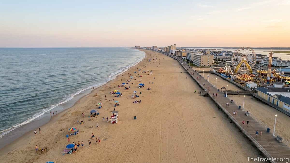 Aerial view of Ocean City, Maryland boardwalk and family filled beach at sunset.