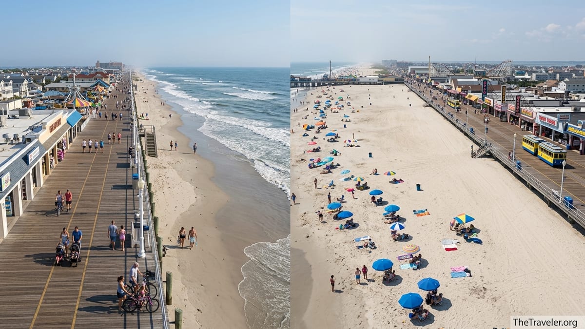 Aerial view comparing Ocean City and Wildwood boardwalks and beaches on a busy summer day.