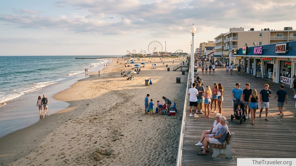 Early evening view of Ocean City Maryland boardwalk and beach with mixed-age crowds and a Ferris wheel in the distance.