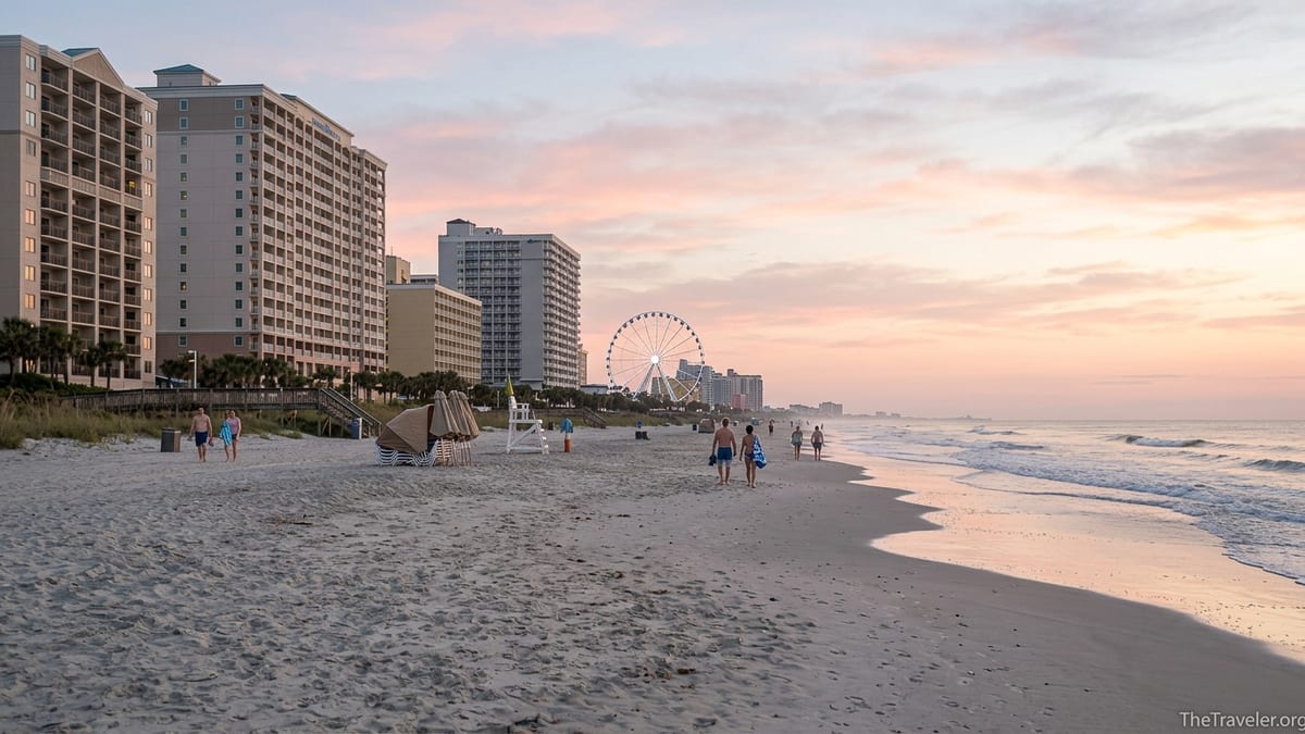Sunrise on Myrtle Beach with Ocean Enclave towers and SkyWheel in the distance.