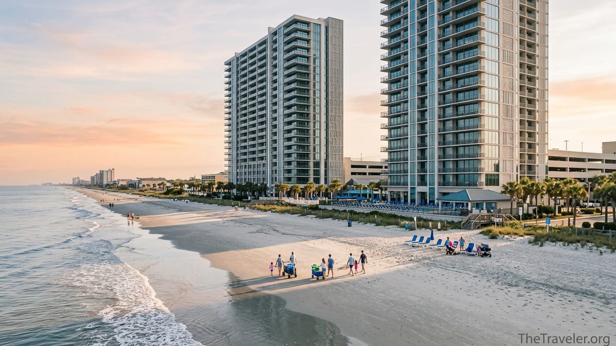 Oceanfront Hilton Grand Vacations towers on Myrtle Beach at sunrise with families on the sand.