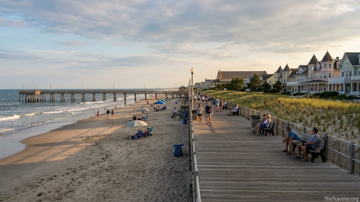 Early evening view of Ocean Grove’s boardwalk, beach, and Victorian homes along the New Jersey shore.