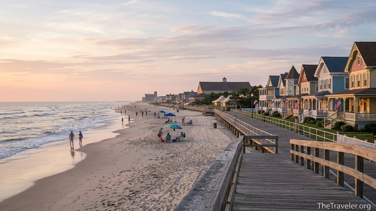 Sunrise over Ocean Grove beach with Victorian houses and quiet noncommercial boardwalk.