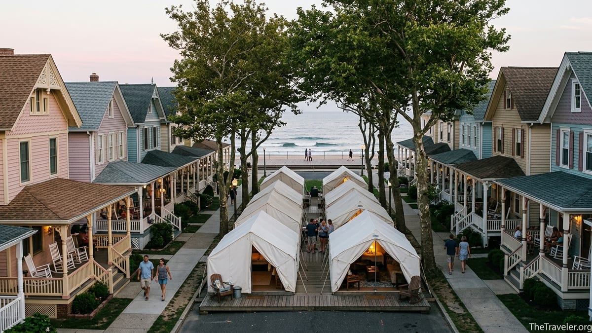 Victorian cottages, canvas tents, and a quiet boardwalk in Ocean Grove at dusk.