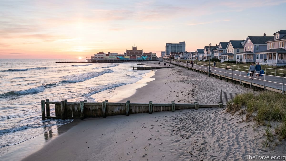 Sunrise view of Ocean Grove’s quiet beach and Asbury Park’s boardwalk skyline along the Jersey Shore.
