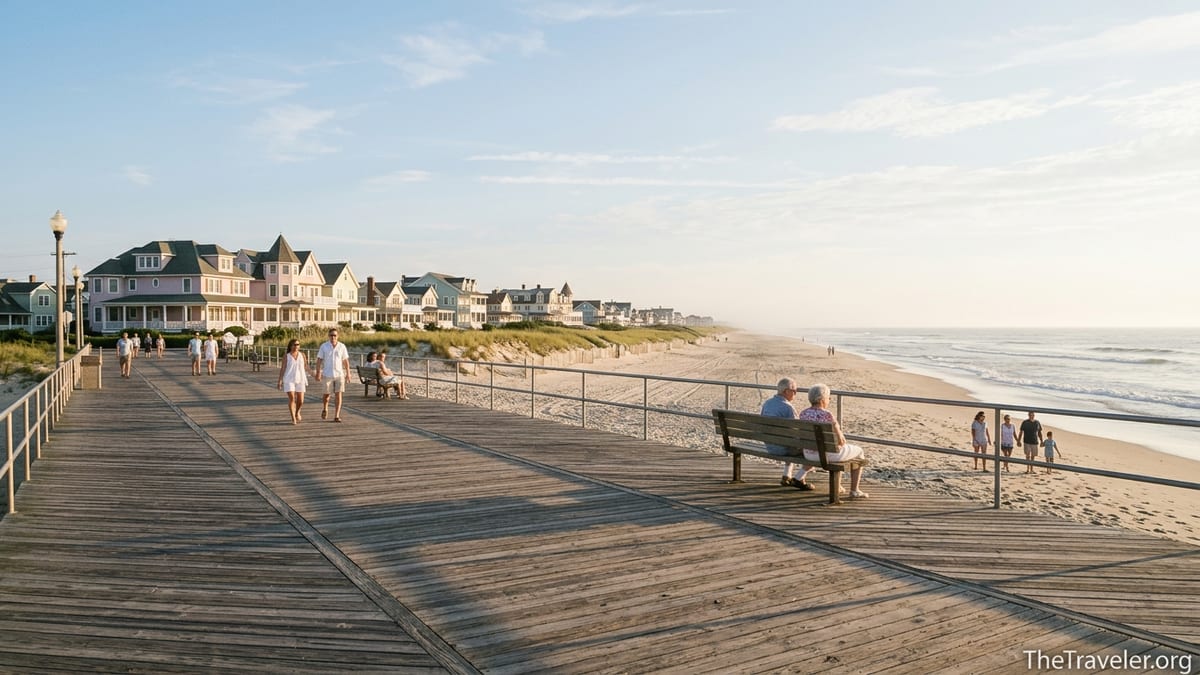 Quiet Ocean Grove boardwalk at golden hour with Victorian houses and uncrowded beach