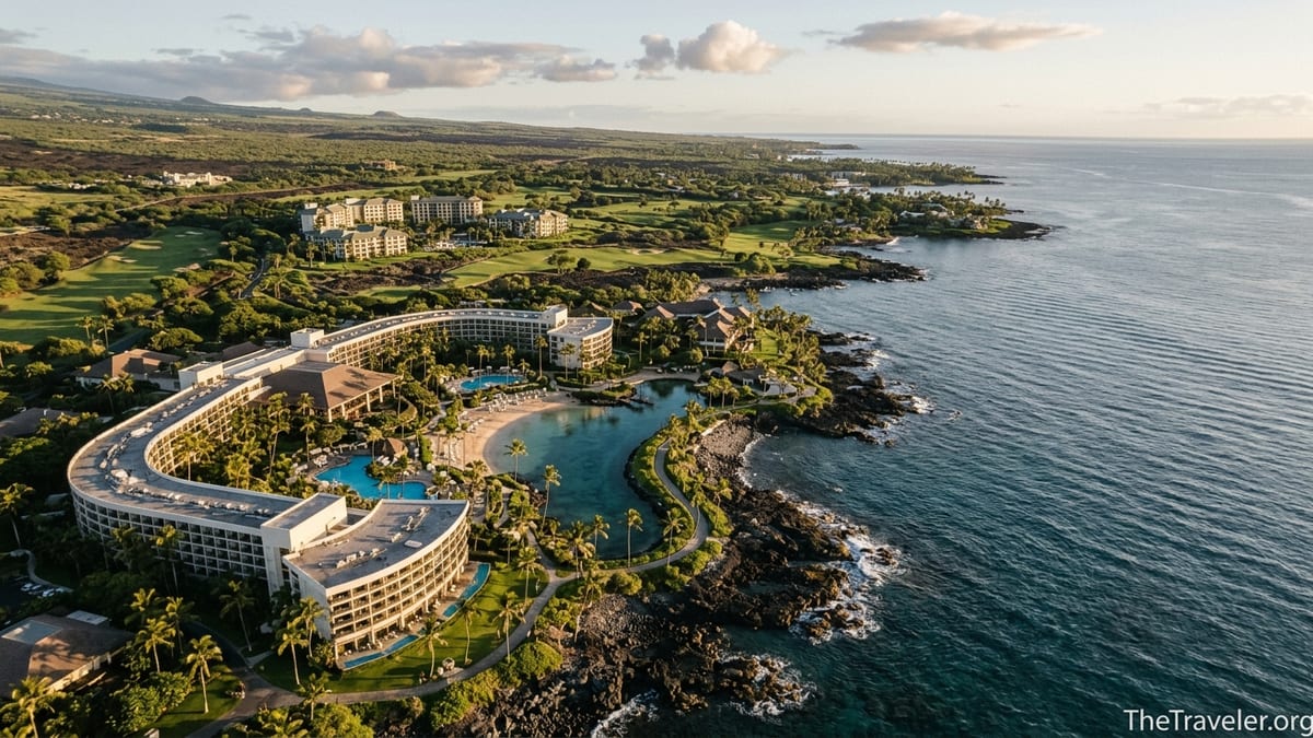 Aerial view of Waikoloa’s oceanfront resort complex and inland Kings’ Land surrounded by golf courses on Hawaii’s Kohala Coat
