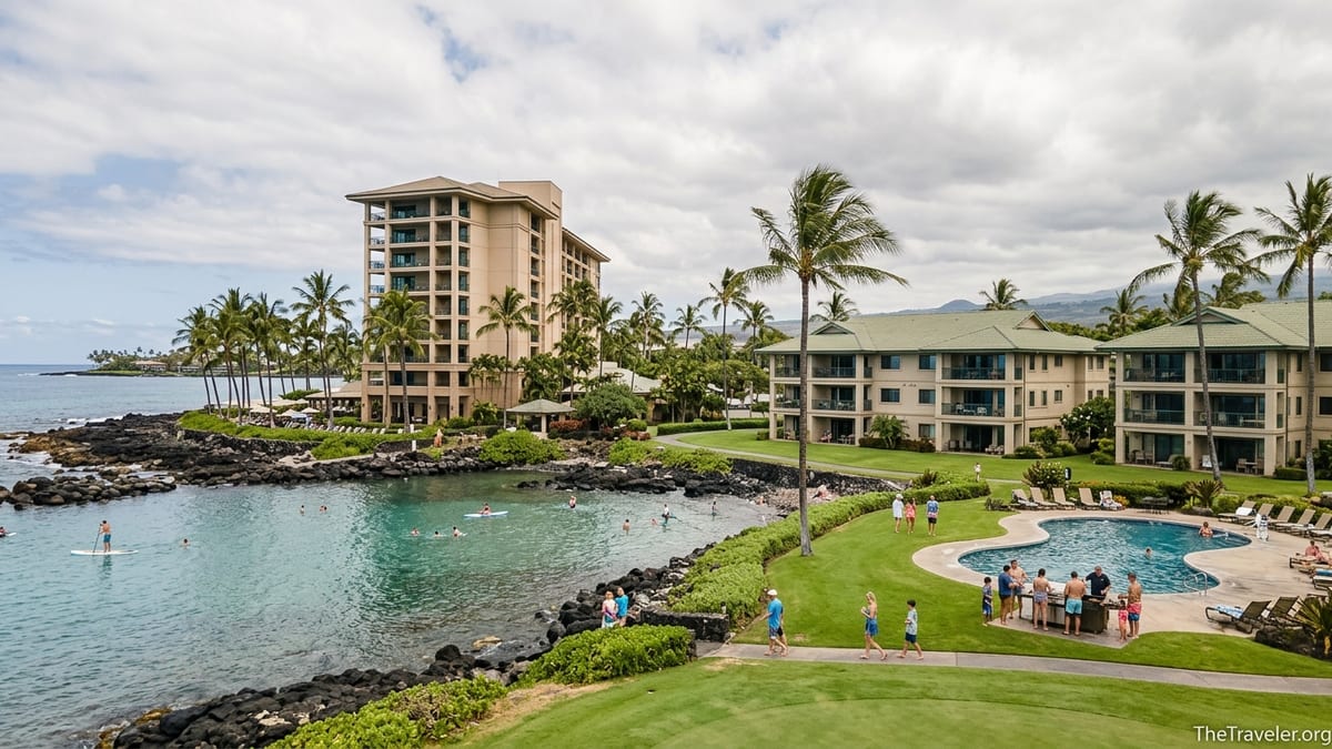 Aerial view of Waikoloa’s oceanfront resort tower and nearby golf-side condo complex on Hawaii’s Kohala Coast.