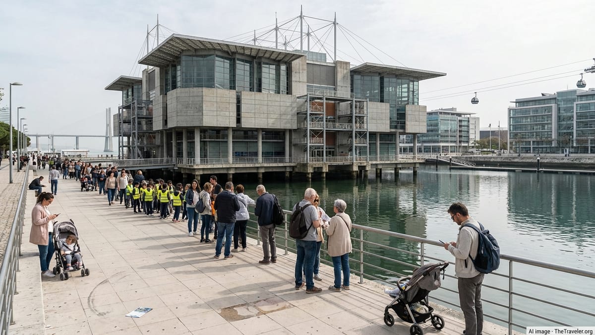 Exterior view of Oceanário de Lisboa with visitors queueing for entrance.