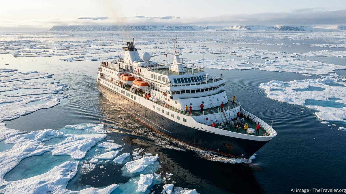 Modern polar expedition ship moving through broken sea ice under clear Arctic skies.