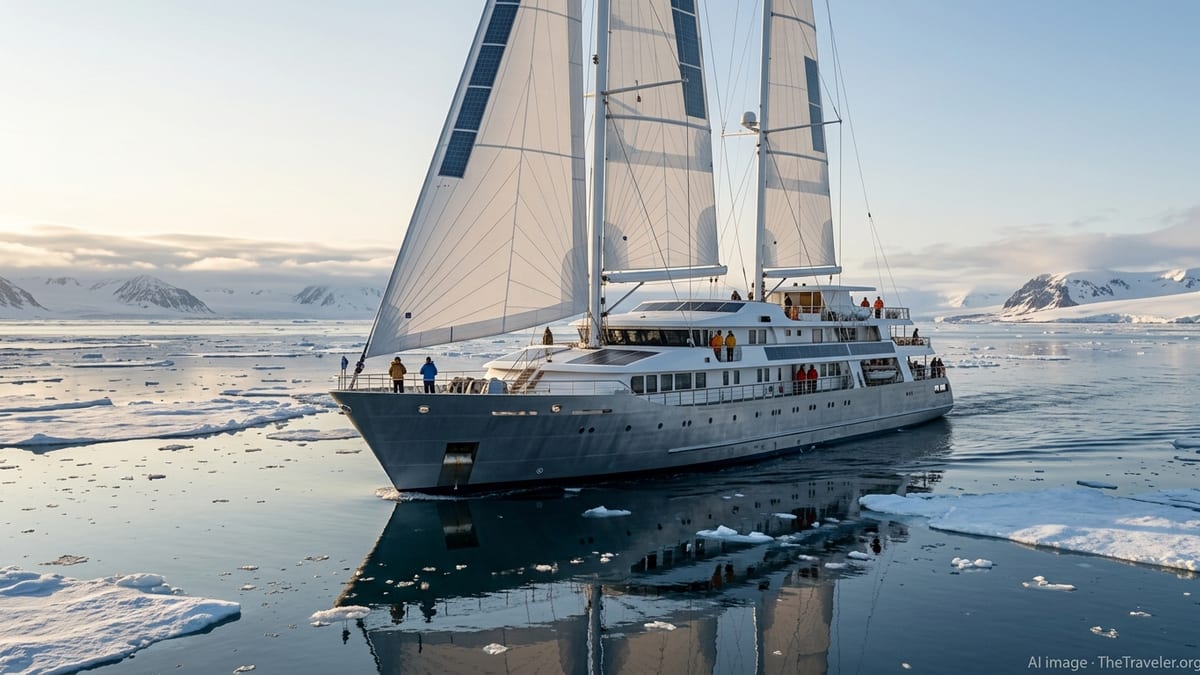 Hybrid eco-sail expedition ship under white sails cruising through Arctic ice at sunset.