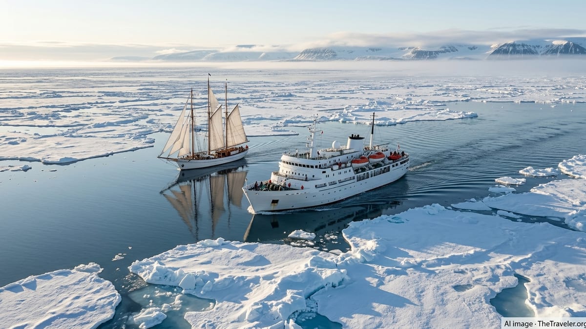 Small polar expedition ship and sailing vessel navigating through Arctic sea ice at sunset.