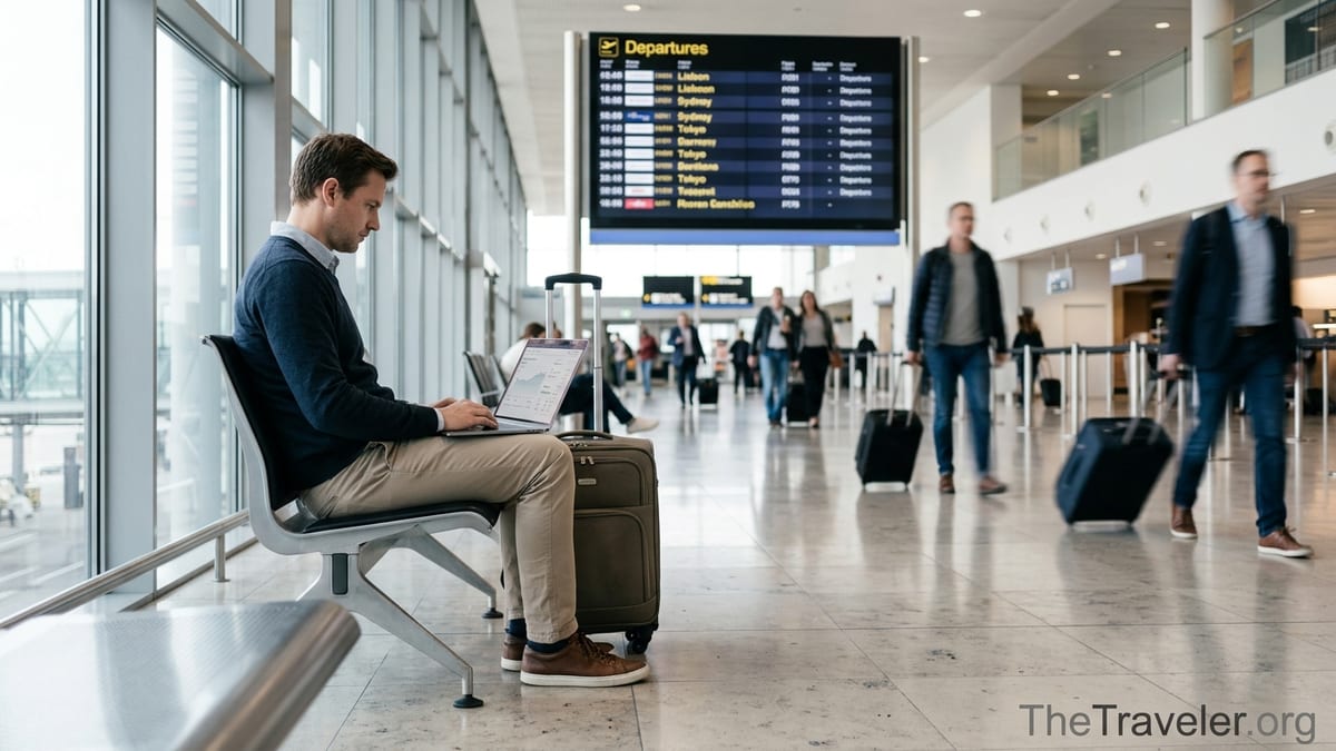 Traveler in an airport comparing international money transfer options on a laptop.