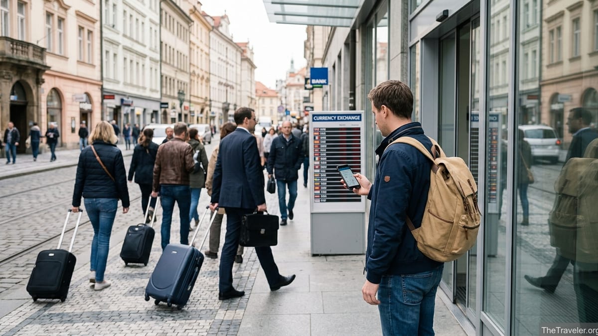Traveler checking currency rates on a phone outside a modern bank in a busy European city.