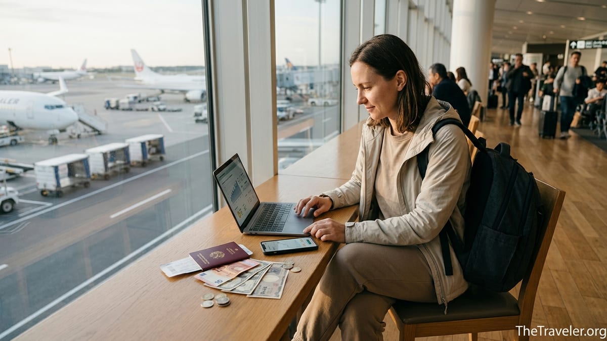 Traveler at an airport lounge comparing international money transfer options on a laptop.