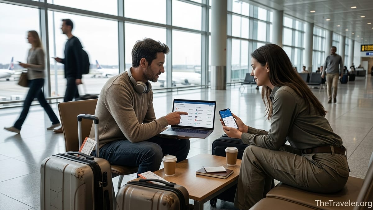 Two travelers in an airport lounge comparing international money transfer apps on a laptop and phone.